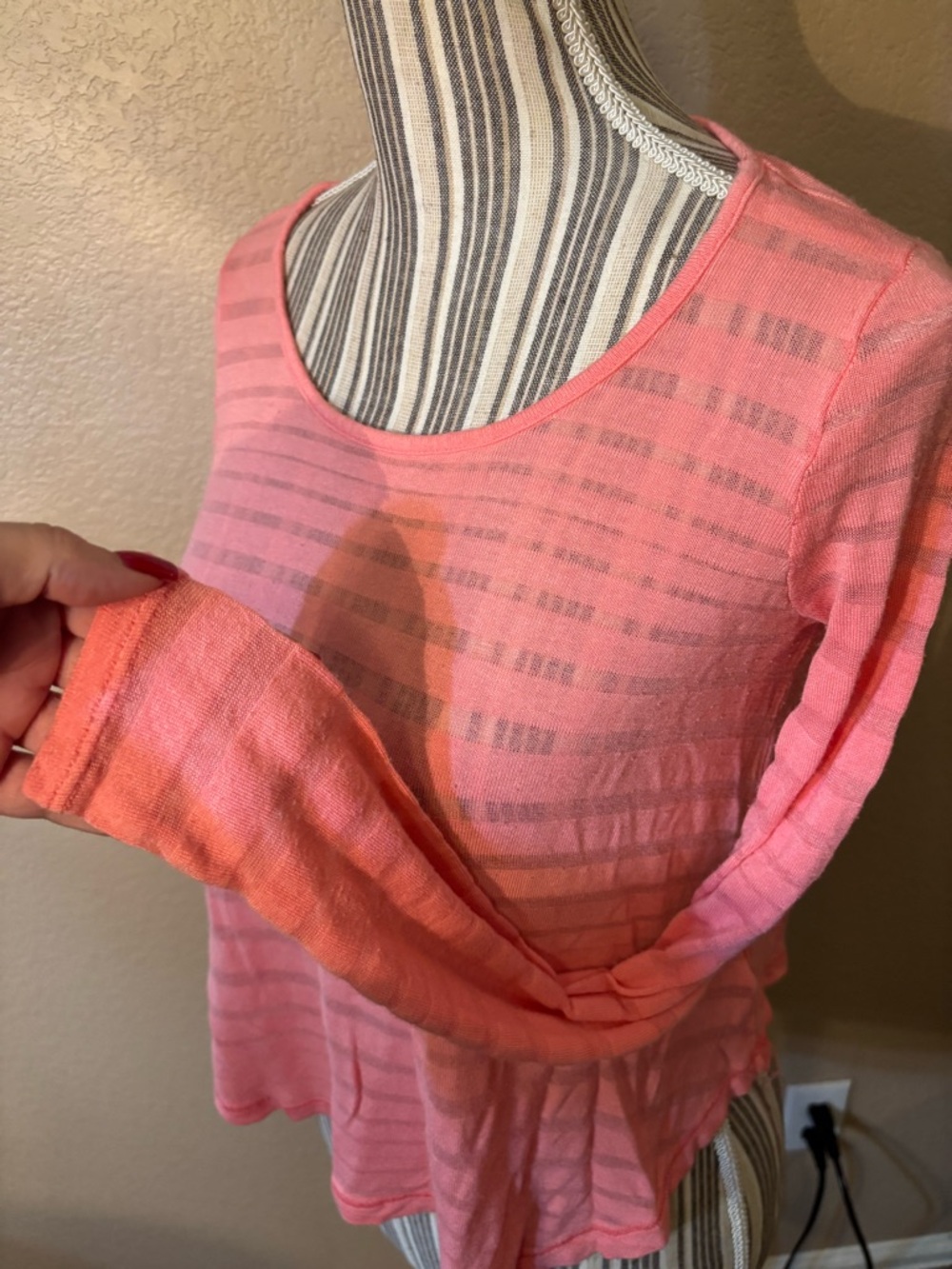 Forever 21 Top Small Coral Pink Semi-Sheer Striped Long-Slv Boat Neck Stretch - Picture 8 of 14